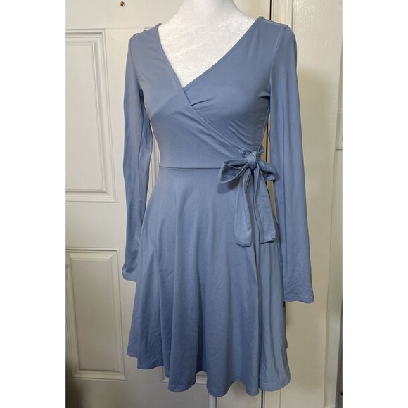 Forever 21 Women's Blue Long Sleeve V-Neck Tie Wrap Dress Size Small Princess - Picture 1 of 8